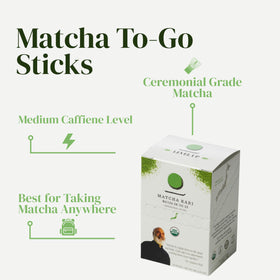 Matcha Kari stick close-up shows vibrant powder ideal for quick whisking.