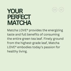 Matcha LOVE green tea label closeup highlights pure flavor and balance.