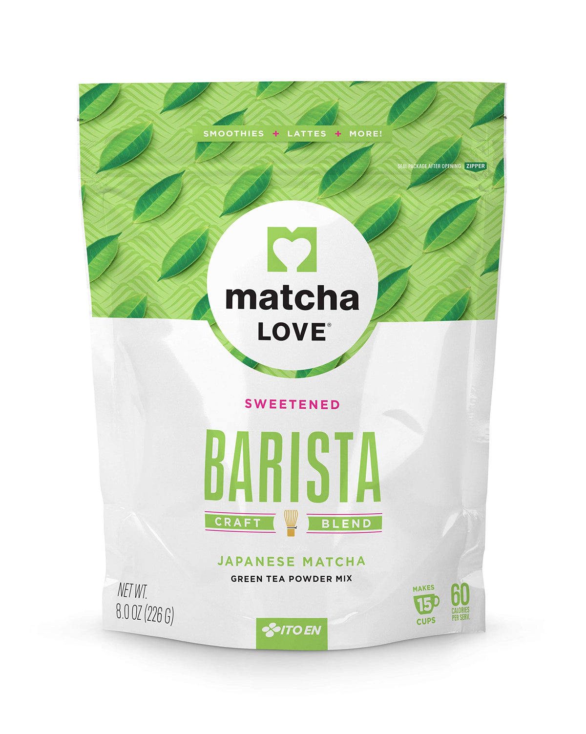 Matcha LOVE green tea powder packet in a cup, perfect for latte or smoothie.