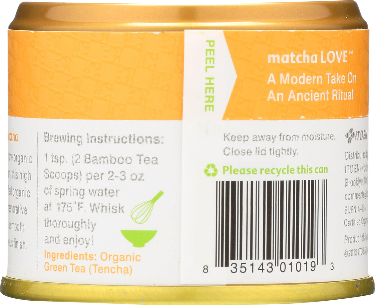 matcha LOVE organic matcha powder label close-up highlighting packaging