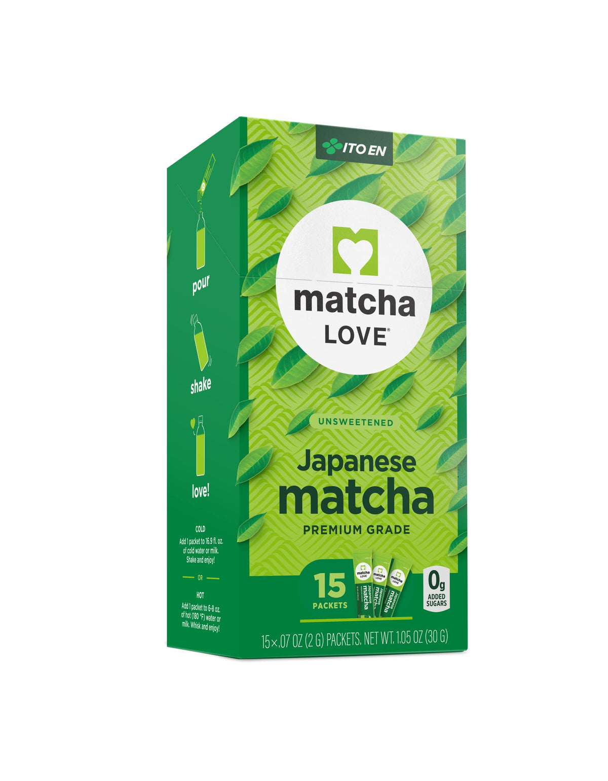 Matcha Love single-serve packets front view for quick hot or iced tea