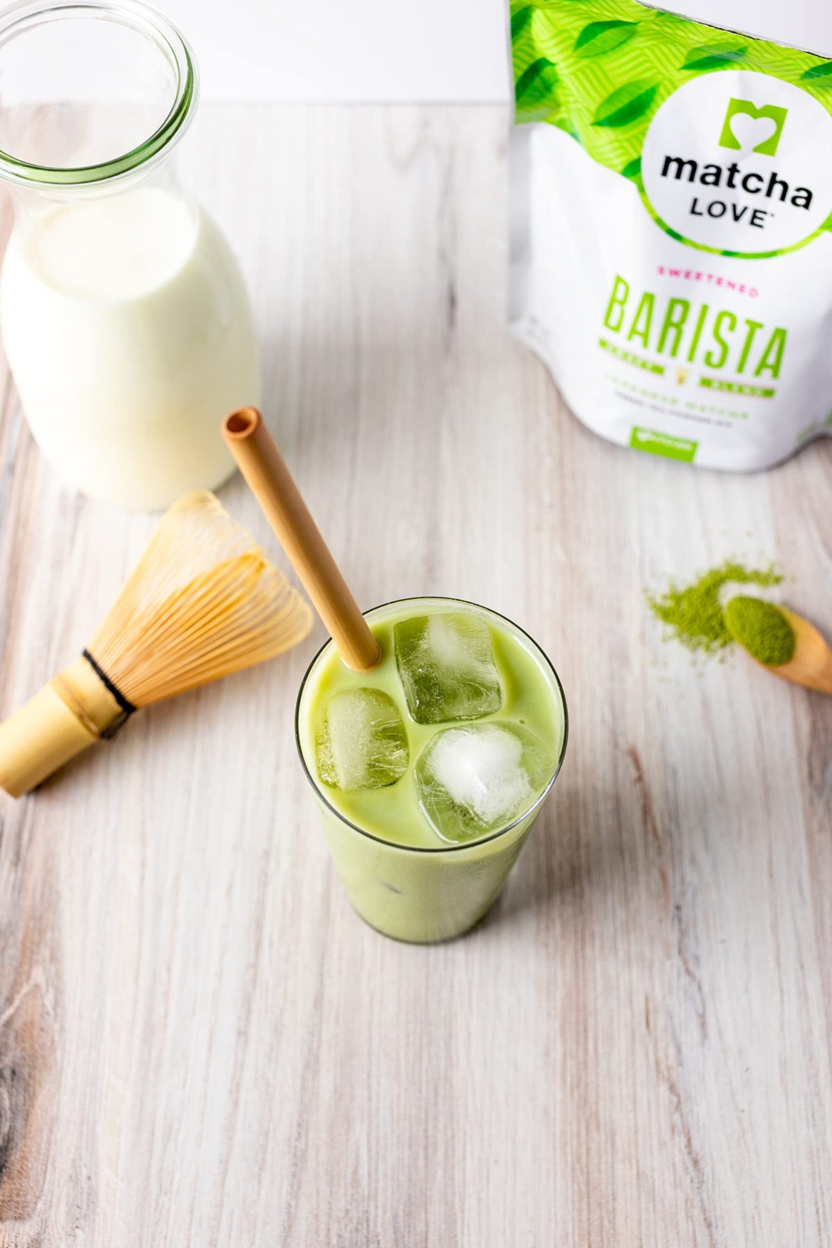 Close-up of Matcha LOVE sweetened powder, ready to elevate beverages and snacks.