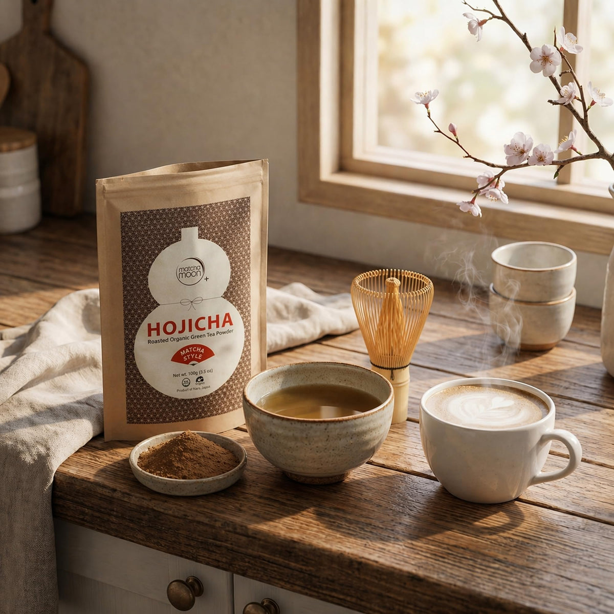 Matcha Moon Hojicha's reddish-brown roasted color hints at depth.