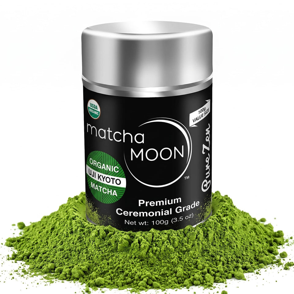 Matcha Moon Pure Zen ceremonial powder tin showing premium flavor and quality
