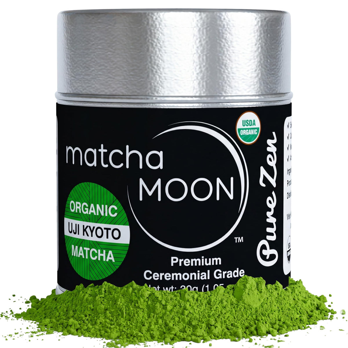 Matcha Moon Pure Zen ceremonial powder in tin for authentic ritual preparation.