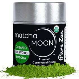 Matcha Moon Pure Zen ceremonial powder in tin for authentic ritual preparation.