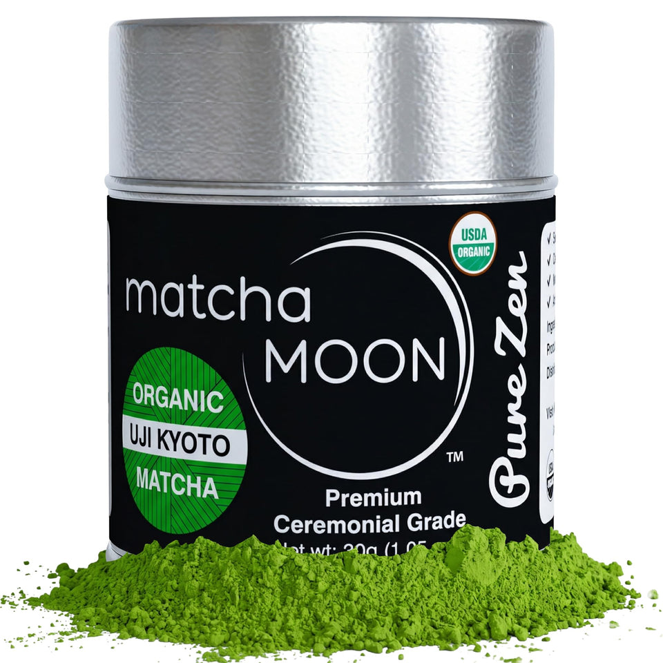 Matcha Moon Pure Zen ceremonial powder in tin for authentic ritual preparation.