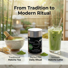 Matcha Moon resealable 100g tin packaging for freshness