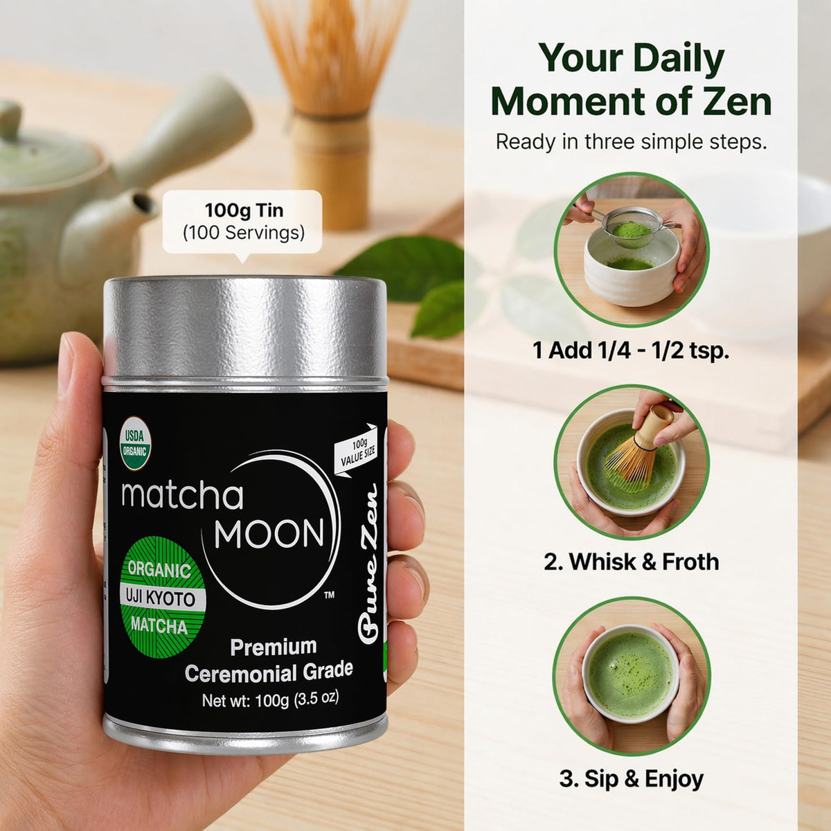 Matcha Moon USDA organic certification label on packaging