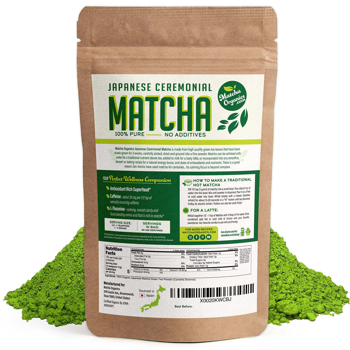 Matcha Organics ceremonial matcha jar closeup showing vibrant color and aroma.