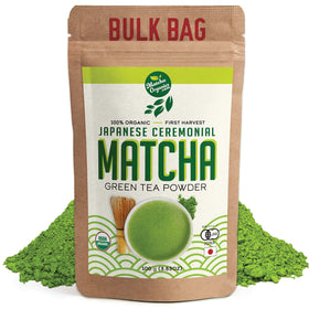 Matcha Organics ceremonial matcha powder bag for premium beverages and baking.