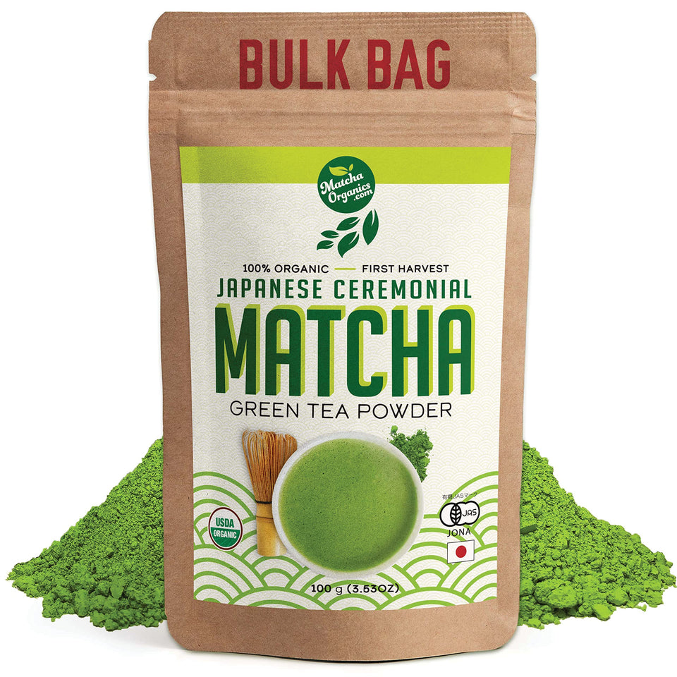 Matcha Organics ceremonial matcha powder bag for premium beverages and baking.
