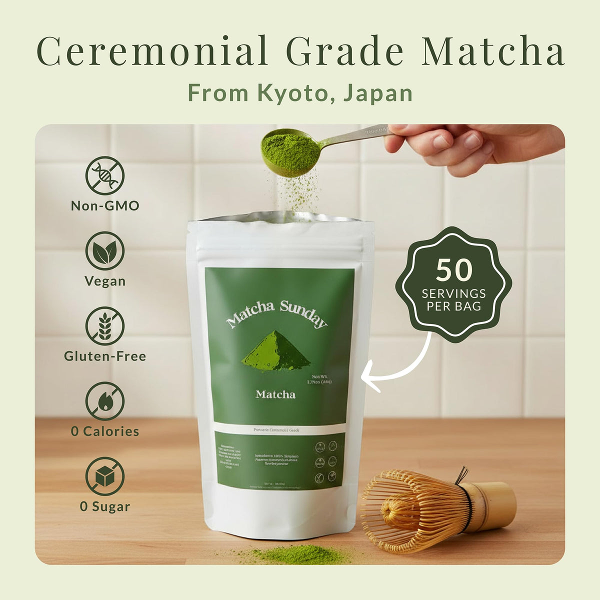 Matcha Sunday 50g bag of vibrant green powder on a shelf for daily rituals