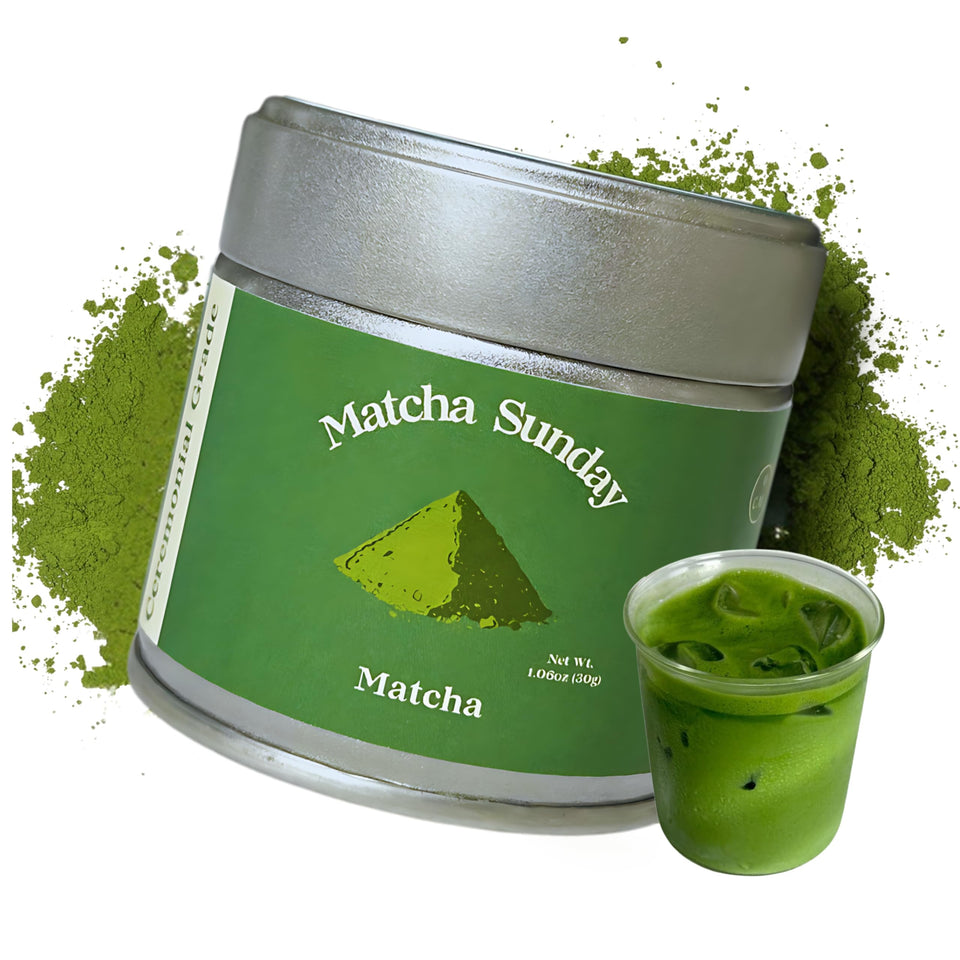 Matcha Sunday ceremonial grade matcha Kyoto tin, premium packaging for traditional tea.