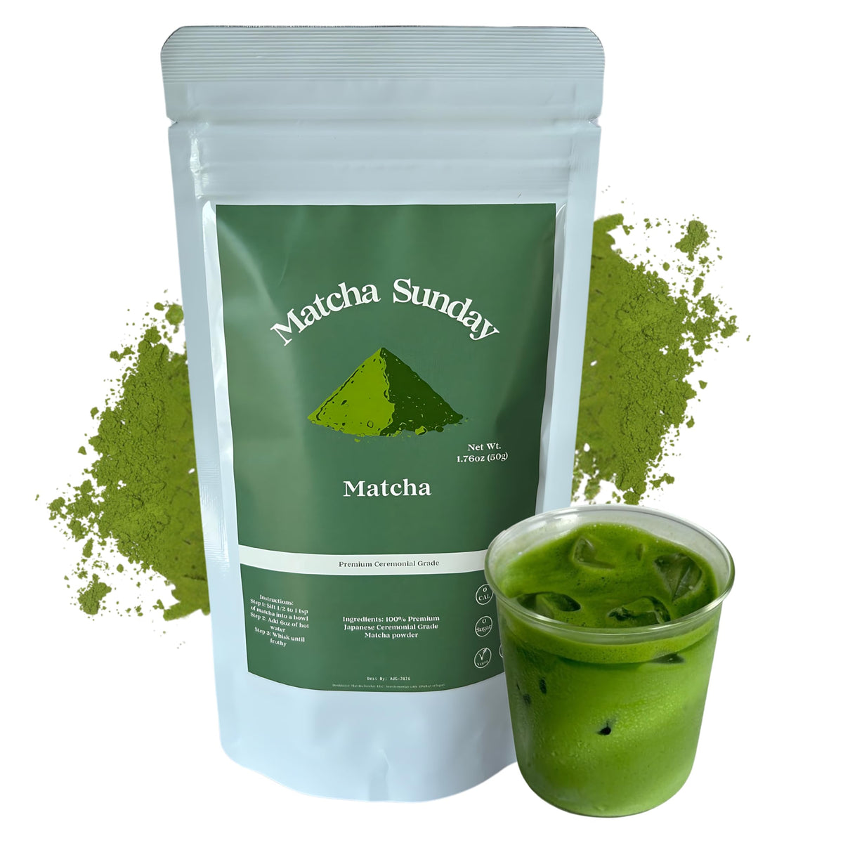 Matcha Sunday ceremonial grade matcha powder in a bag for authentic tea preparation