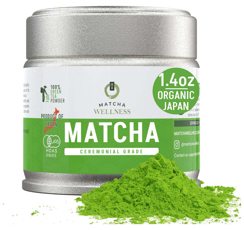 Matcha Wellness ceremonial grade matcha powder jar shows vibrant emerald powder, ideal for traditional whisking.