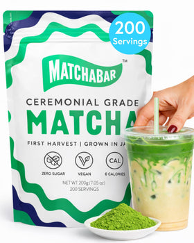 MATCHABAR ceremonial-grade matcha powder in a 200g tin for premium beverages.