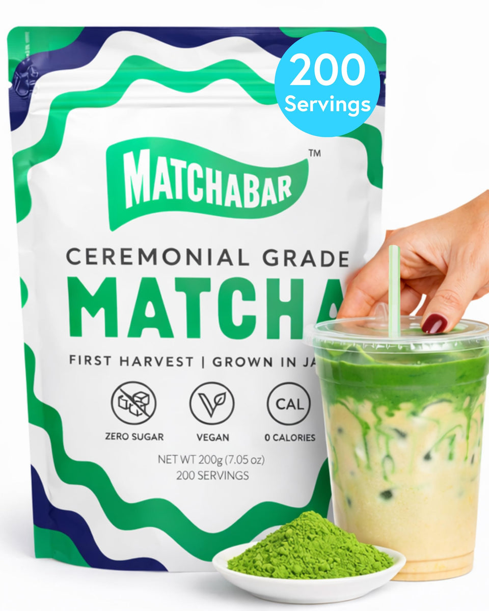 MATCHABAR ceremonial-grade matcha powder in a 200g tin for premium beverages.