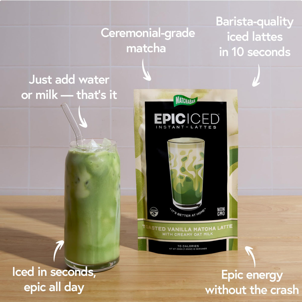 MATCHABAR Epic latte is poured over ice for quick barista-quality refreshment.