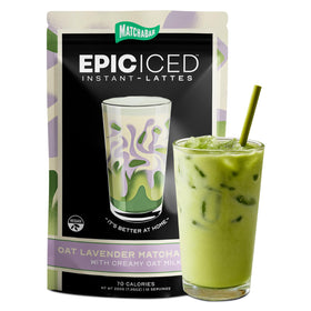 MATCHABAR Epic lavender latte powder in iced latte setup for a calming caffeine boost.