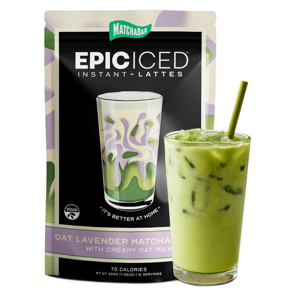MATCHABAR Epic lavender latte powder in iced latte setup for a calming caffeine boost.