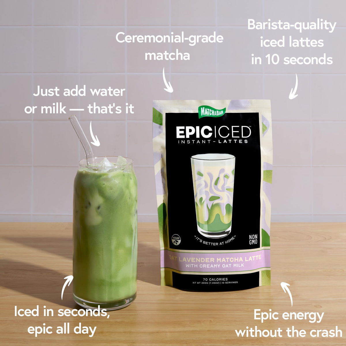 MATCHABAR Epic lavender oat matcha ingredient shown for plant-based energy and flavor.