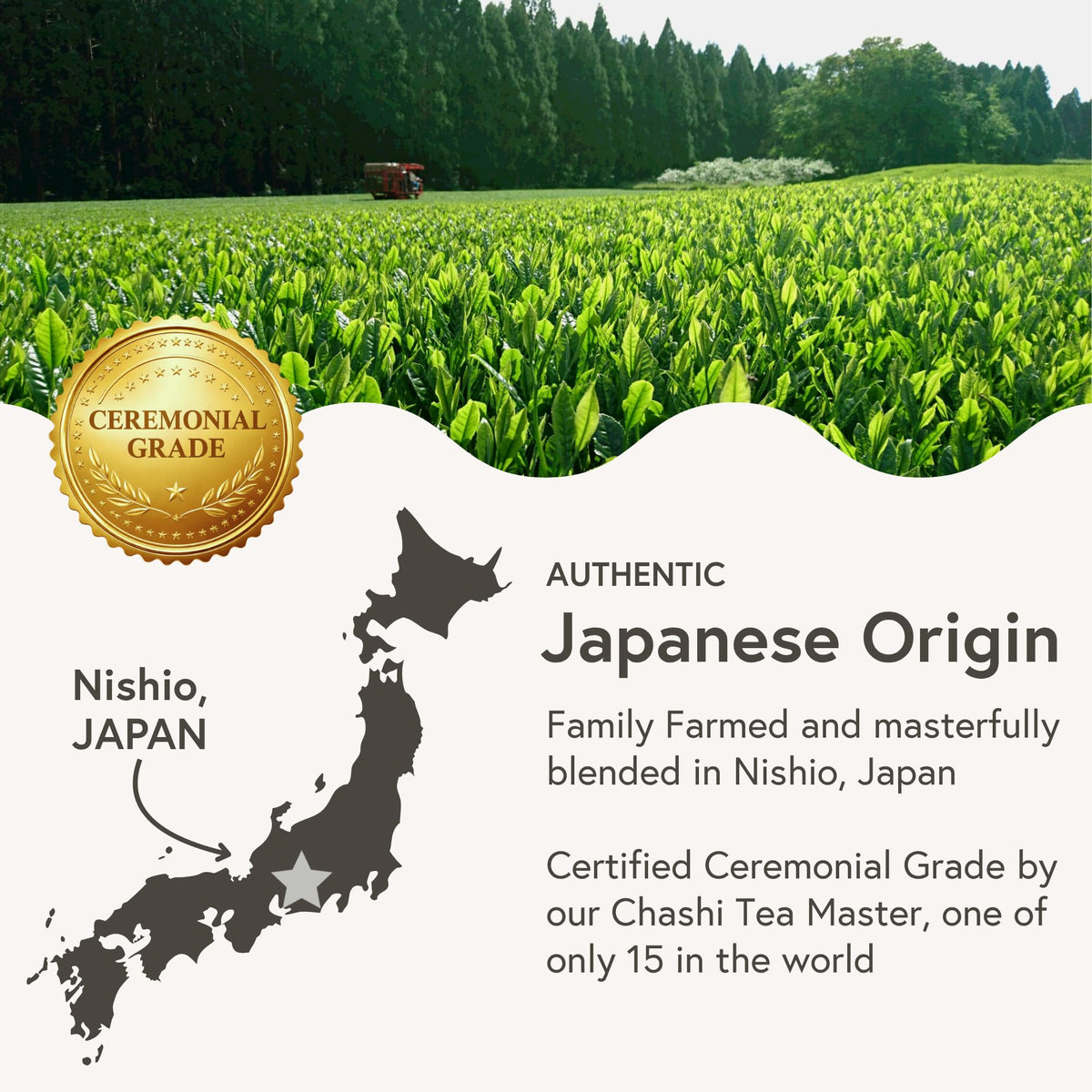 Matchabar Nishio family-farm sourcing on a glossy package for trusted Japanese origin