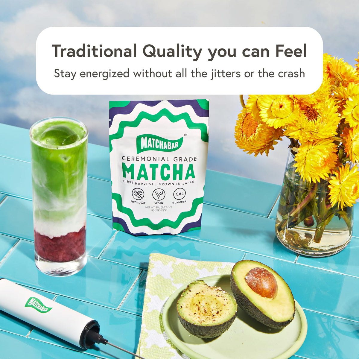 MATCHABAR young shade-grown leaves pictured as the nutrient-rich base for beverages.