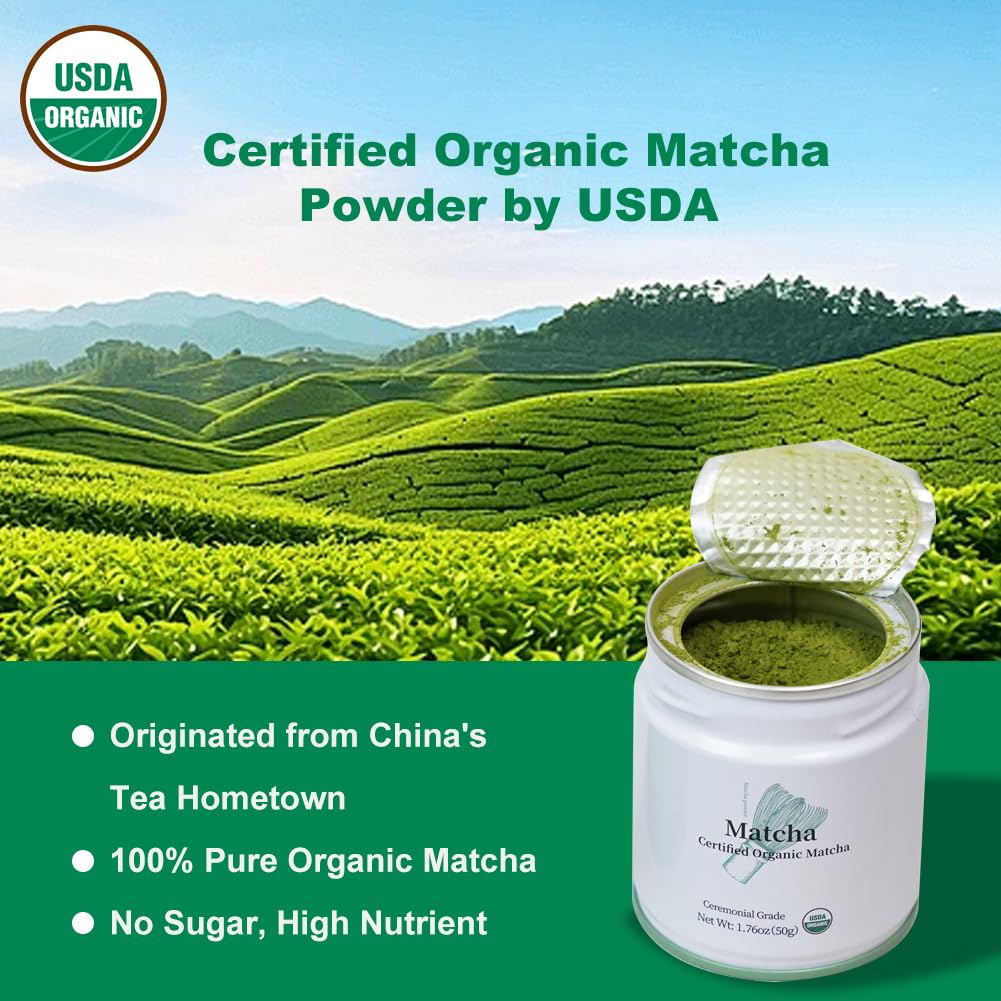 MatchAdmire vibrant green matcha powder pouring into a cup.