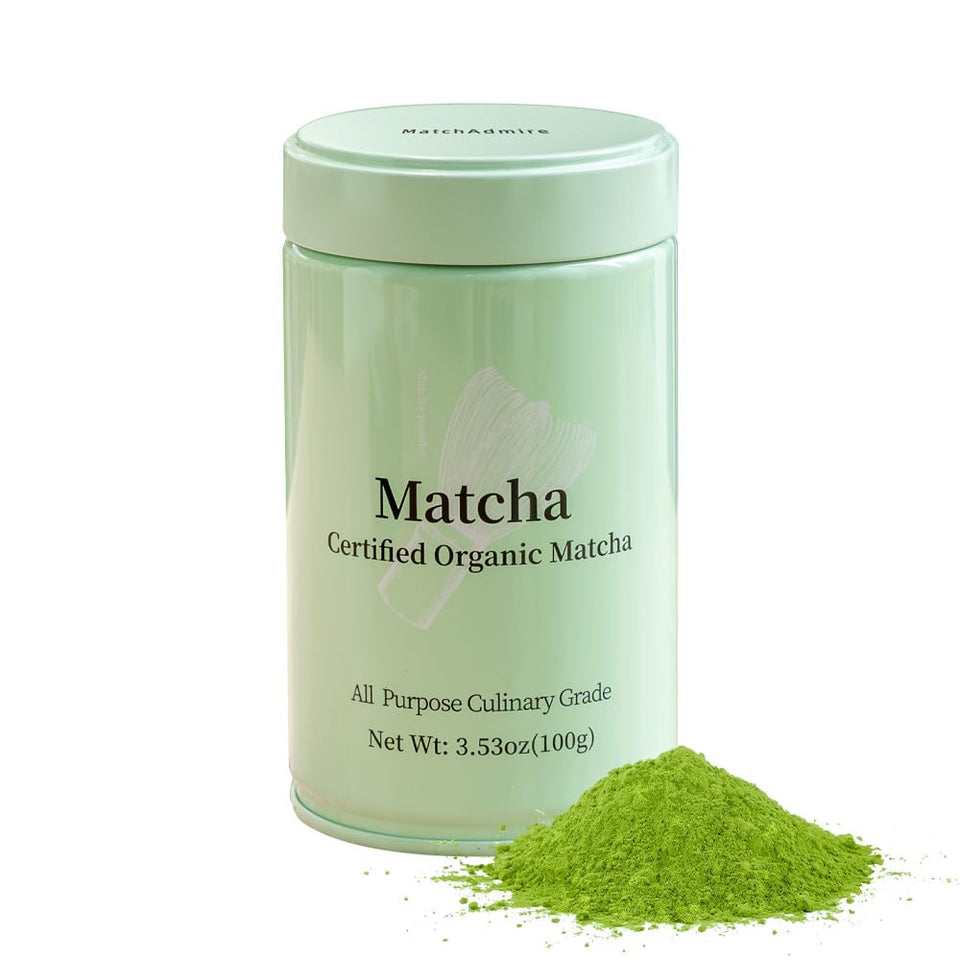 MatchAdmire matcha green tea powder tin front for convenient, pantry-ready storage