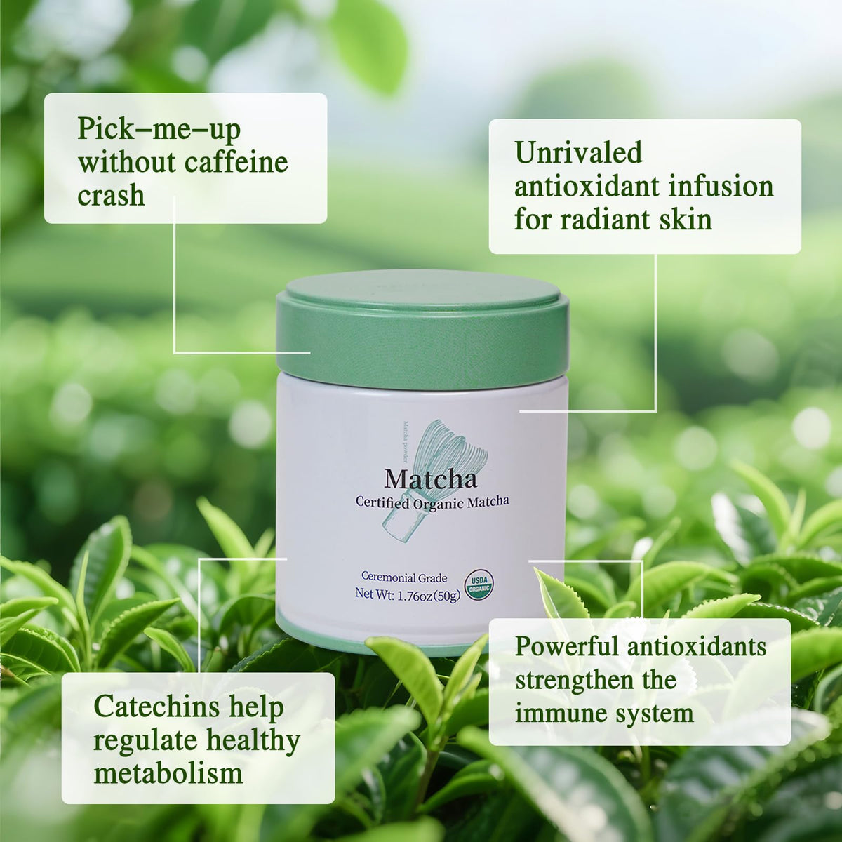 MatchAdmire scoop and jar of matcha for easy measurement.