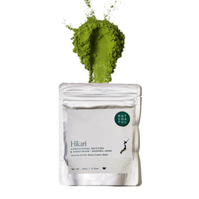 MATCHAFUL Hikari ceremonial matcha powder in a jar, highlighting premium freshness for whisked beverages