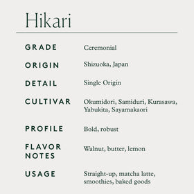 MATCHAFUL Hikari leaves hand-picked in Shizuoka, emphasizing direct-trade quality and single-origin flavor
