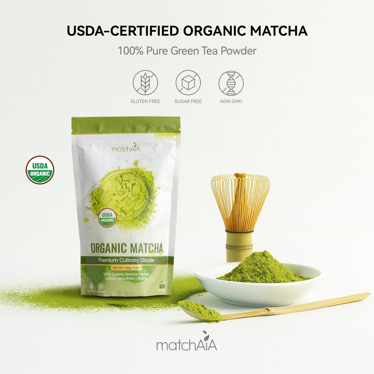 MatchAiA Organic Matcha Powder closeup grains highlights vibrant green color and freshness.