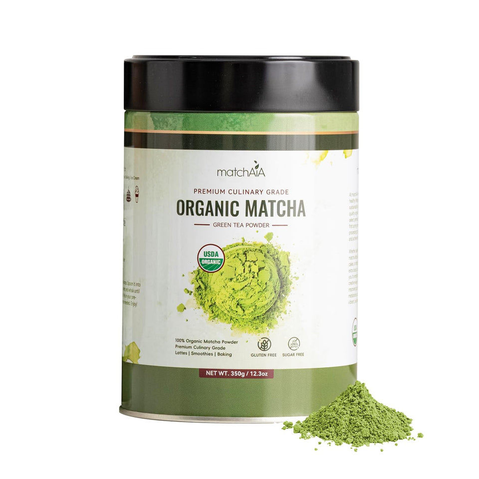 MatchAiA organic matcha powder tin highlights premium culinary grade for home chefs.