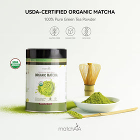 MatchAiA powder in bowl with whisk, ideal for vibrant lattes and smoothies.