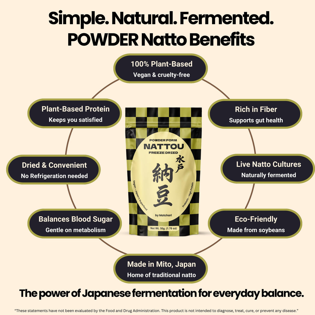 Matcharl natto powder label highlights natural vitamin K2 and nattokinase.