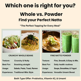 Matcharl natto powder packaging notes non-GMO and vegan certification.