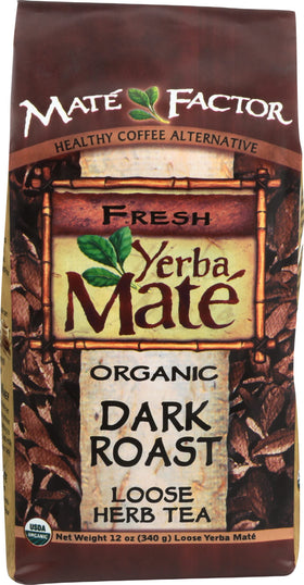 The Mate Factor dark roast bag front highlights organic energy for mornings