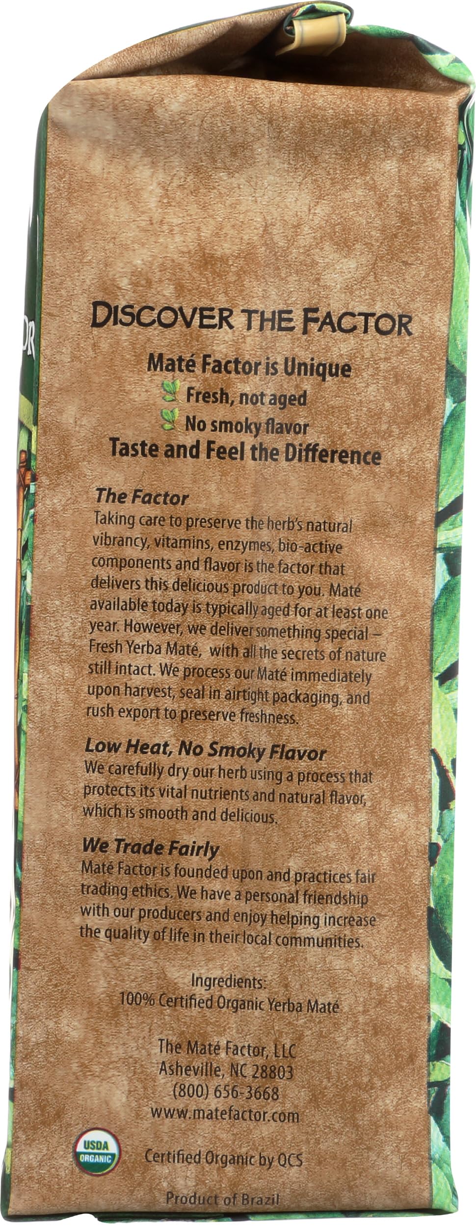 Mate Factor Organic Green Yerba Mate 12oz packaging closeup highlights label