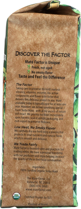 Mate Factor Organic Green Yerba Mate 12oz packaging closeup highlights label