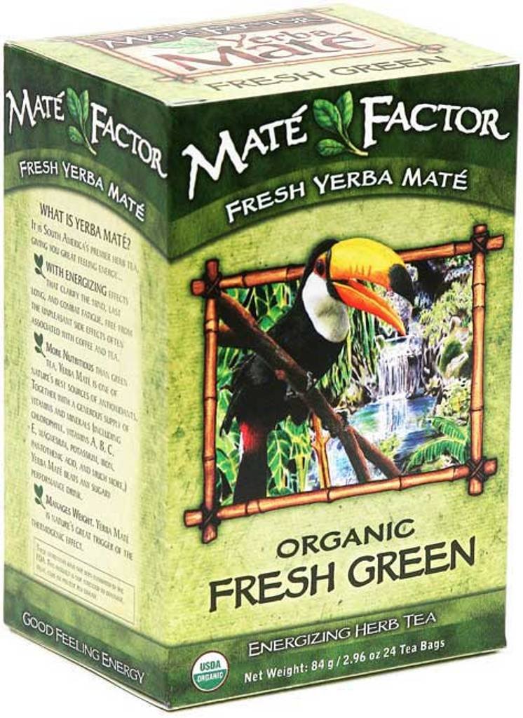 The Mate Factor Yerba Mate energizing tea bags for a clean energy boost and flavor.