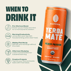 Close-up of Mateina label showing 120 mg caffeine for a likely energy boost
