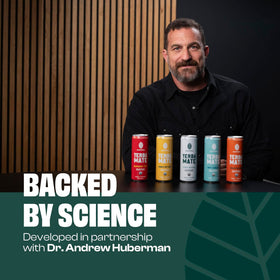 Mateina branding with Huberman endorsement suggesting trusted daily energy