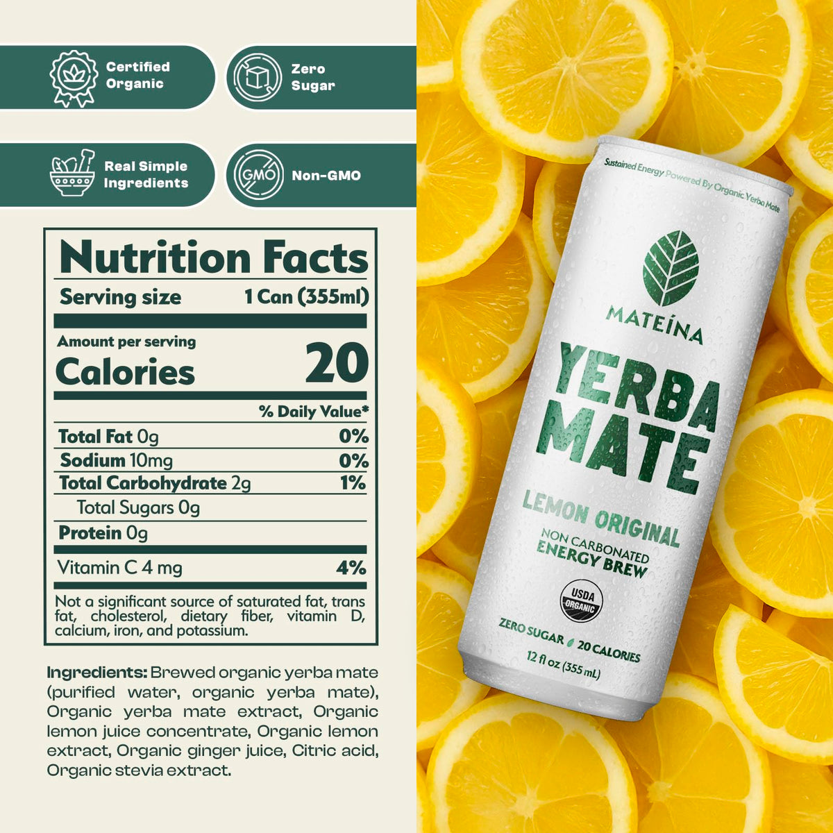 Mateina Lemon Original can side, highlighting zero sugar and calm energy.