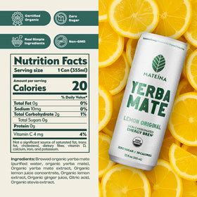 Mateina Lemon Original can side, highlighting zero sugar and calm energy.