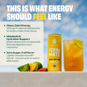 Closeup of Mateina can highlighting Mango Key Lime flavor and zero-sugar formula