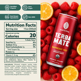 Close-up of Mateina label highlighting organic, non-GMO ingredients.