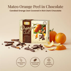 Close-up of glossy orange-peel in dark chocolate reveals rich texture.