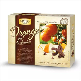 Mateo Sweet World orange-peel sticks in dark chocolate presented in a gift box.